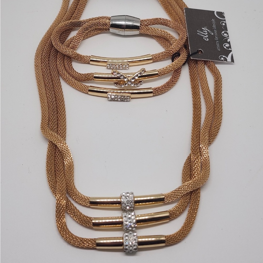 Triple Strand Gold Necklace with Crystal Detailing with bracelet